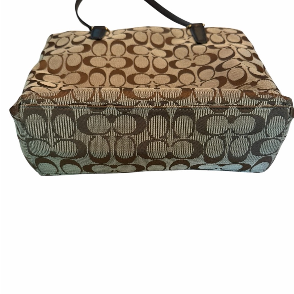 Coach Brown Signature Canvas Tote with Teal Center Stripe - Picture 5 of 6
